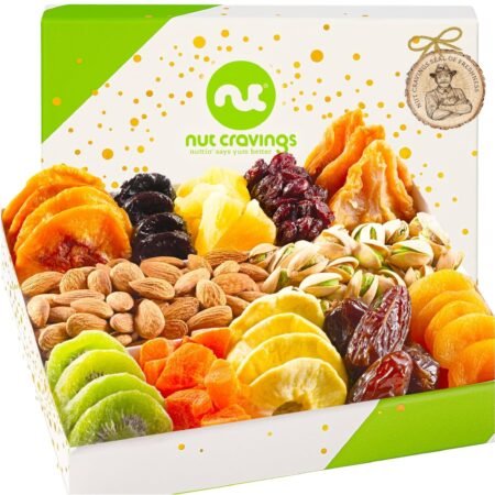NUT CRAVINGS - Thanksgiving Dried Fruit & Mixed Nuts Gift Basket in White Gold Box (12 Assortments) Holiday Xmas Christmas Food Arrangement, Healthy Snack Care Package, Food Assortments