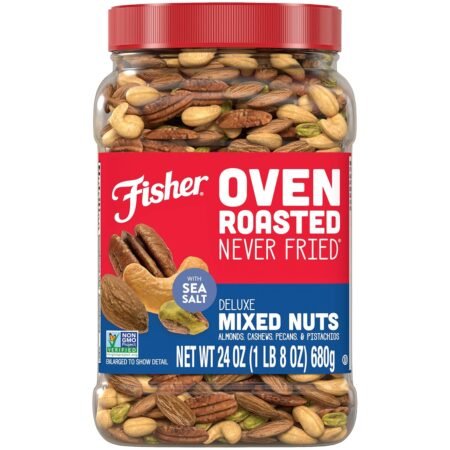 Fisher Oven Roasted Never Fried Deluxe Mixed Nuts, 24 Ounces (Pack of 1), Almonds, Cashews, Pecans, Pistachios, Healthy Snacks for Adults, Made With Sea Salt, No Added Oil, Trail Mix, Gluten Free​
