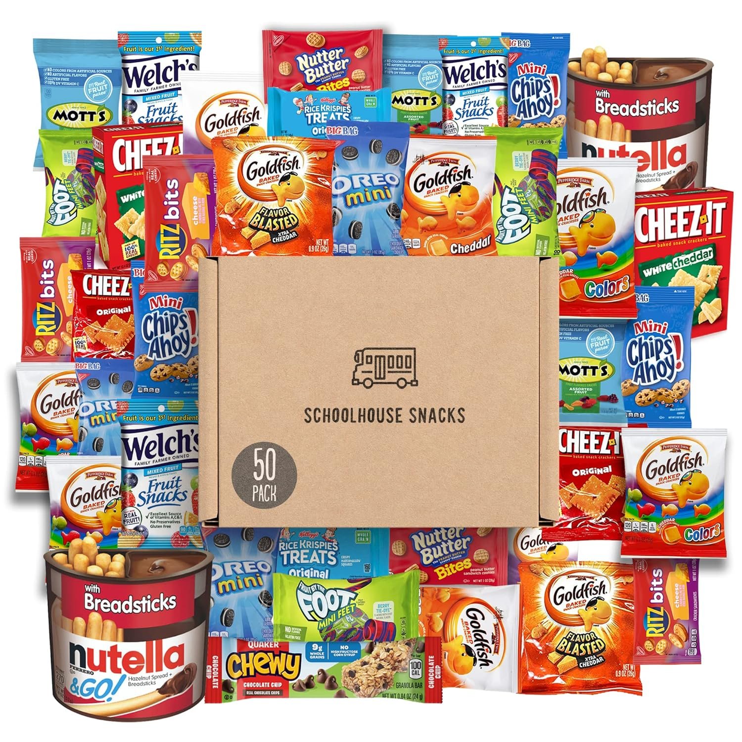 SCHOOLHOUSE SNACKS - Snacks for Kids (50 Count) | Snack Box for Kids with American Cracker and Cookie Assortment | Perfect Kids School Snacks, Variety Snack Box, Camp Care Package, Travel Food, Snack Gift Box