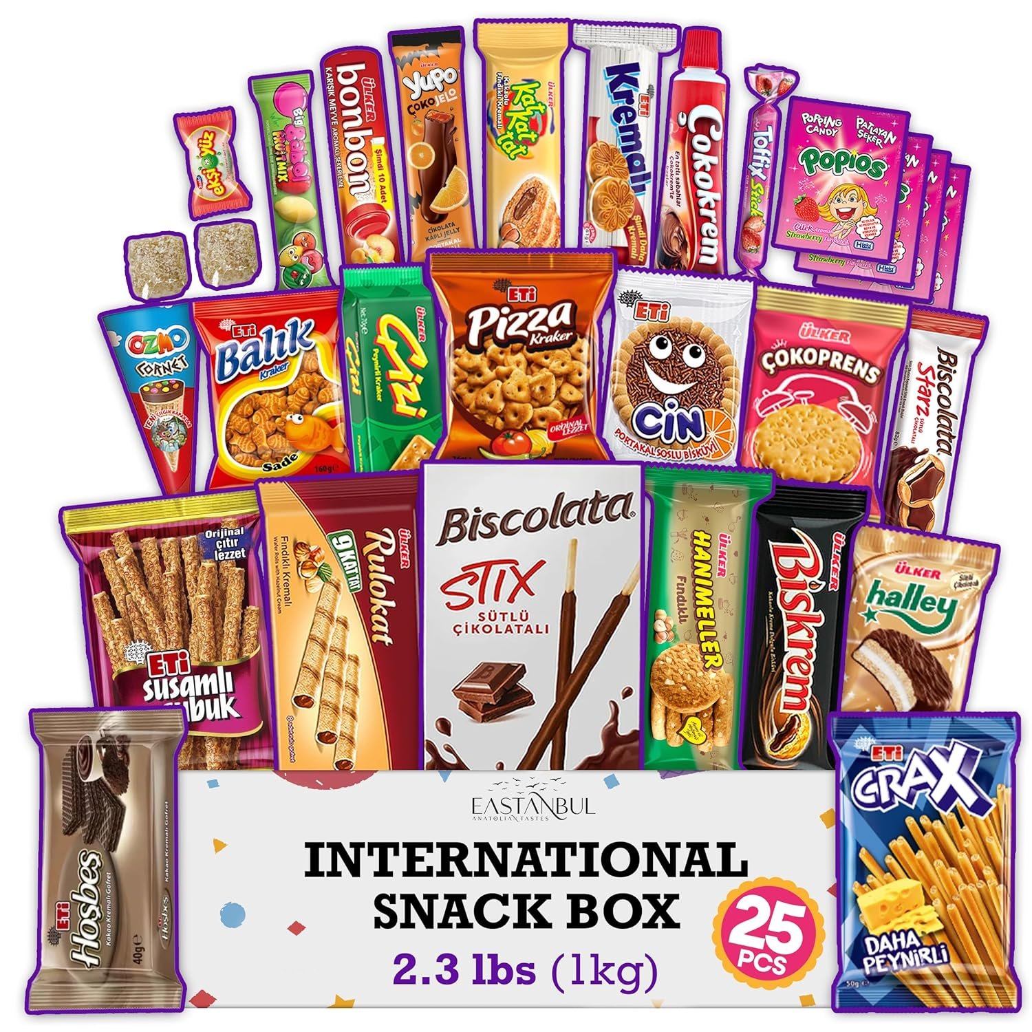 Eastanbul International Snack Box, Premium 25 Full-Size Foreign Snack Box, From Around The World International, Sweet, Savory, Chewy, Crunchy