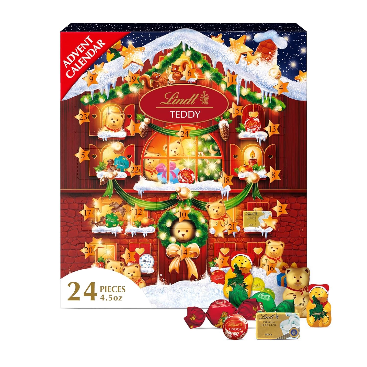 Lindt Holiday Teddy Bear Chocolate Candy Advent Calendar, 4.5 oz. (Pack of 2)